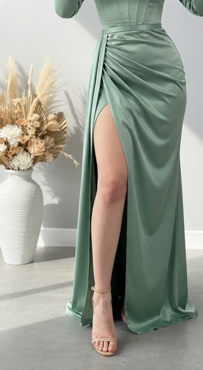 Vestido Largo Verde Salvia con Corset y Abertura