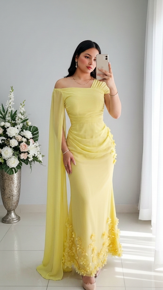 Vestido Amarillo Sirena Off-Shoulder Flores 3D Cape Manga cod.V561