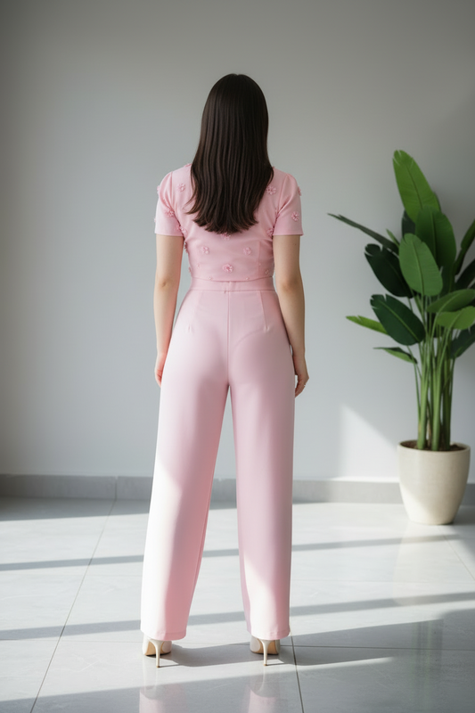 Conjunto Elegante Rosa: Top Crop con Flores 3D + Pantalón Pierna Ancha cod.310