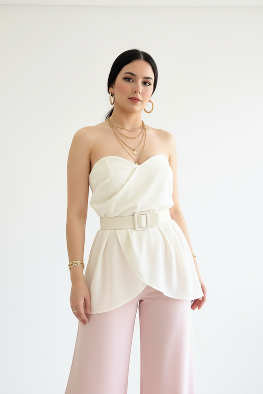 Blusa Peplum Marfil Strapless con Cinturón - Elegante y Sofisticada cod.308