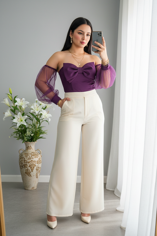 Blusa Corset Morada con Lazo y Mangas Organza cod.B506