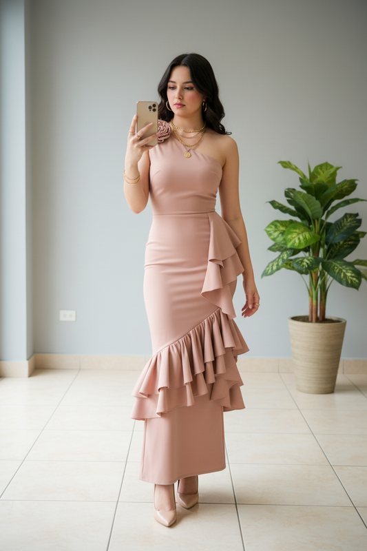 Vestido Rosa Nude Un Hombro con Rosa 3D y Volantes en Cascada Triple cod.450