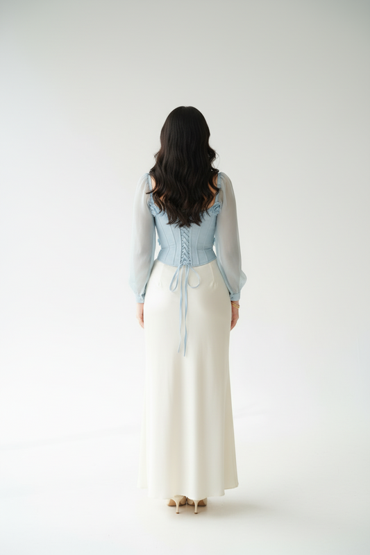 Conjunto Elegante: Corsé Celeste con Flores 3D + Falda Blanca Sirena - Romántico cod.340