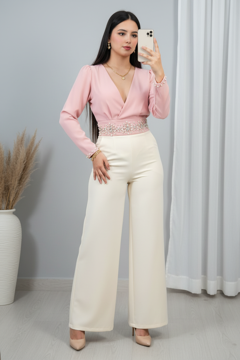 Conjunto Dos Piezas B. Rosa Cruzada y P. Crema con Cinturón Floral de Pedrería cod.C605