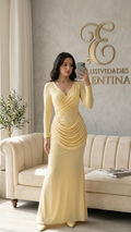 Vestido Amarillo Pastel Manga Larga Escote Cruzado Drapeado cod.V566