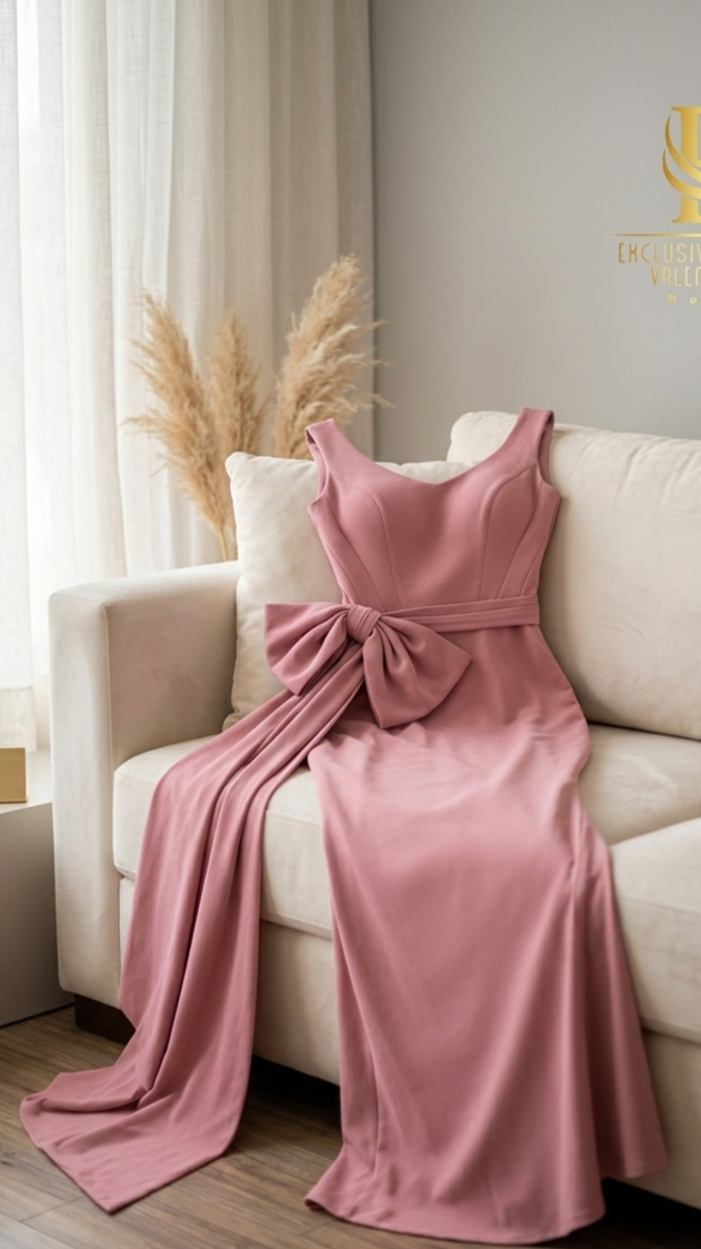 Vestido Rosa Palo Sirena Escote V Lazo Lateral cod.V565