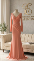 Vestido Salmón Sirena Manga Larga Escote V Drapeado Cod.V568