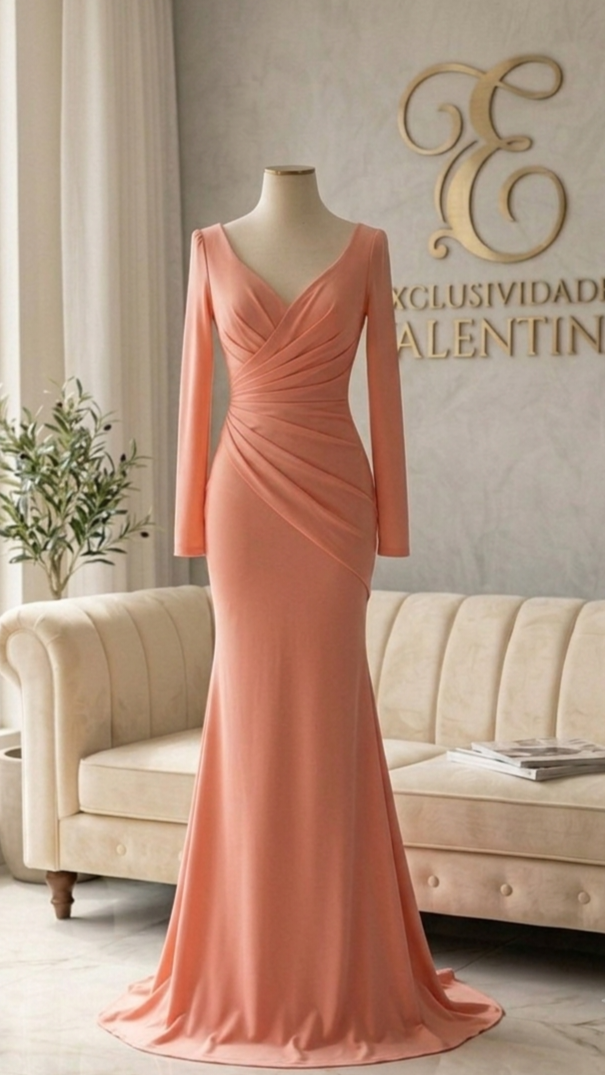 Vestido Salmón Sirena Manga Larga Escote V Drapeado Cod.V568