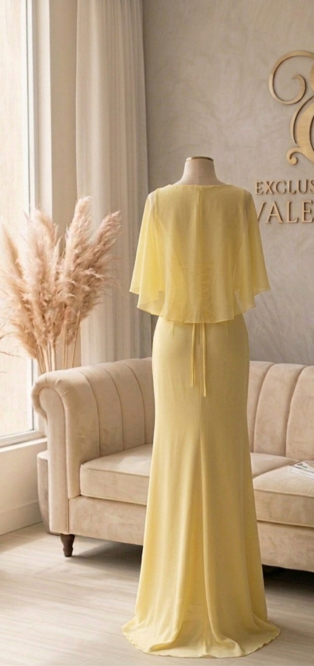Conjunto Amarillo Limón Corset Estructurado Cape Gasa Hojas D cod.571