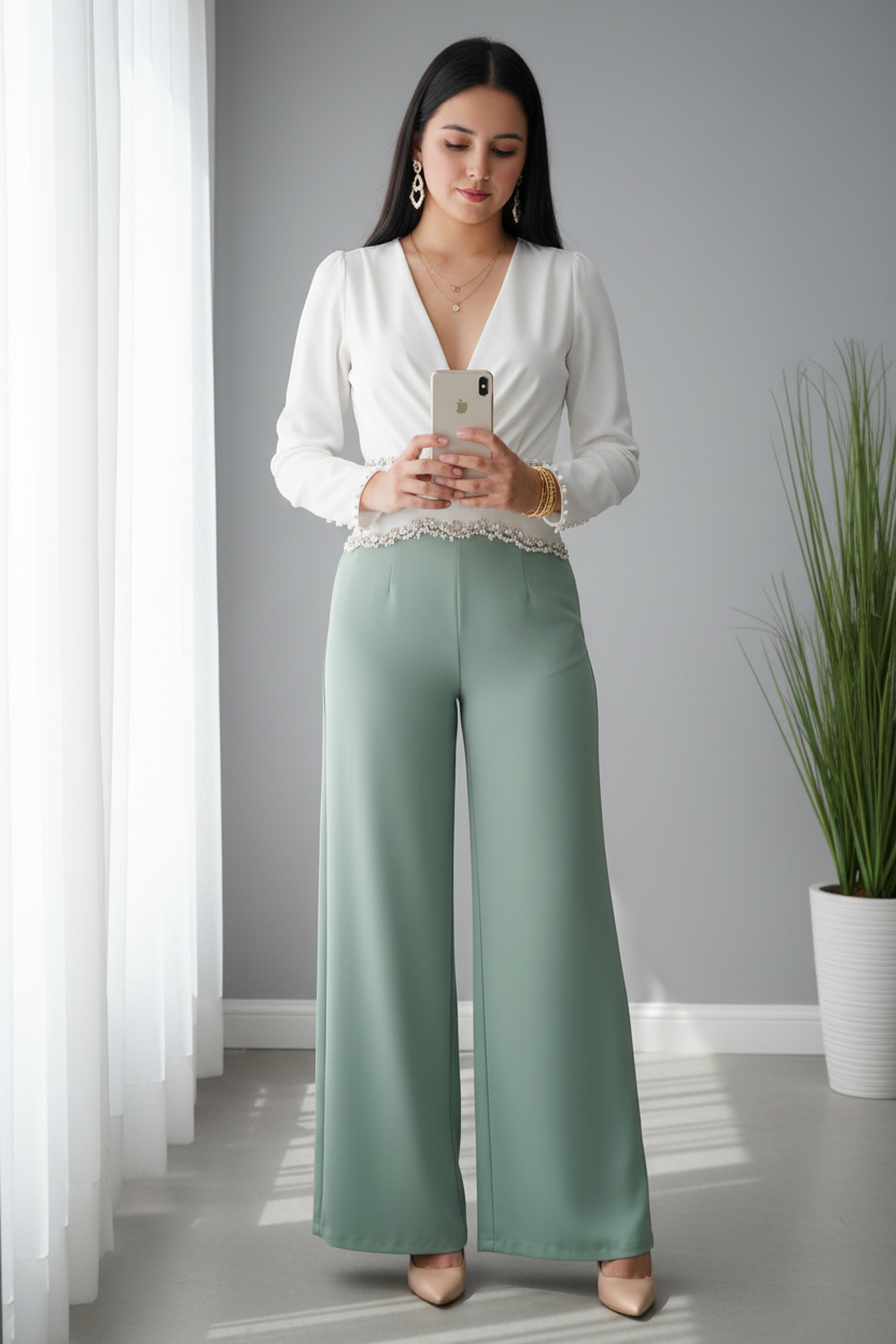 Conjunto Dos Piezas B. Blanca Cruzada y P. Verde Menta con Pedrería cod.C605