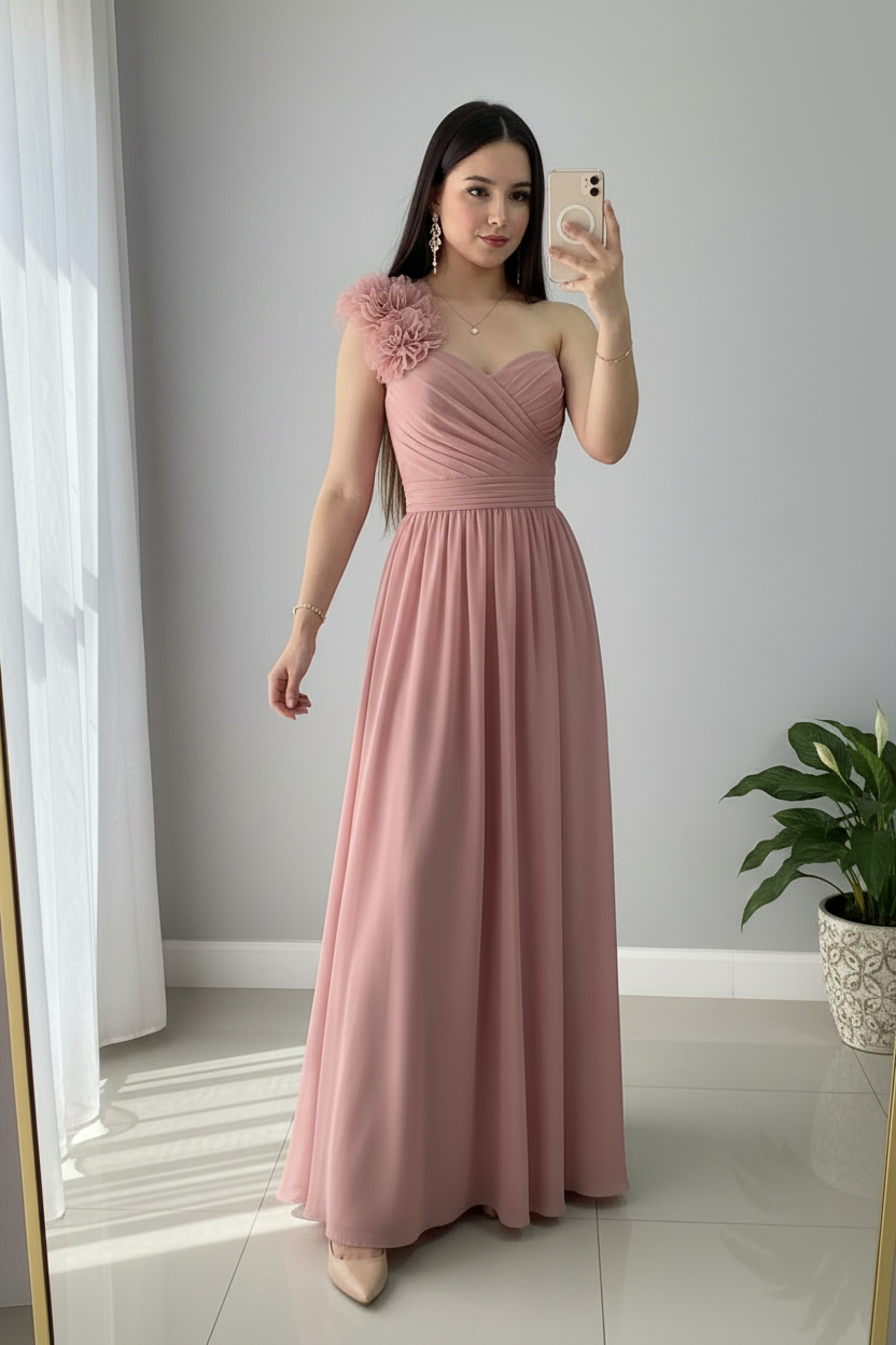 Vestido Rosa Palo — Un Hombro con Flores 3D y Falda A-Line cod.V627