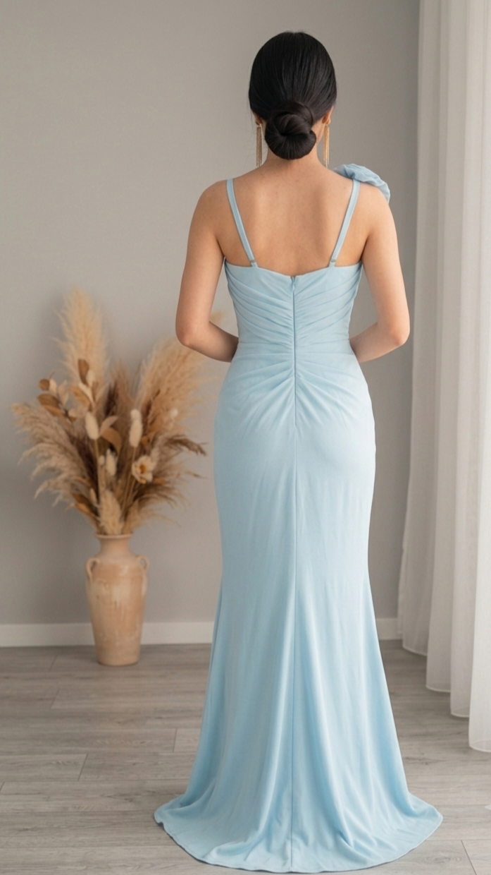 Vestido Azul Cielo Sirena Escote V Rosa 3D Hombro cod.V567