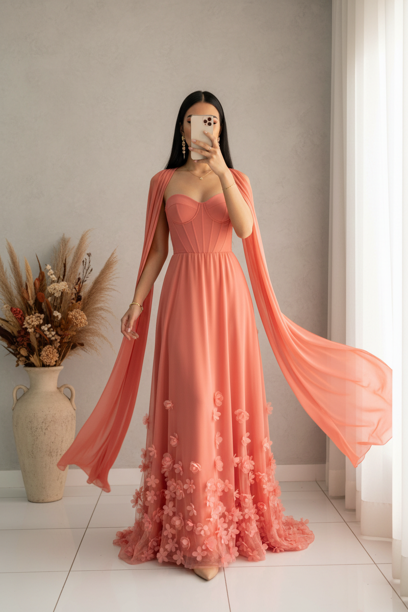 Vestido Coral Gala Corset Flores 3D Mangas Capa cod.V576