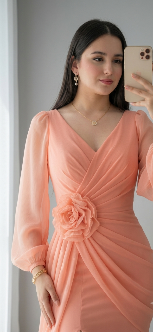 Vestido Durazno Gasa Manga Globo Escote V Rosa 3D Abertura cod.V573