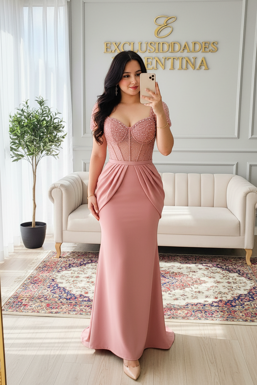 Vestido Rosa Palo — Corset Bordado con Pedrería y Drapeado Sirena cod.V631