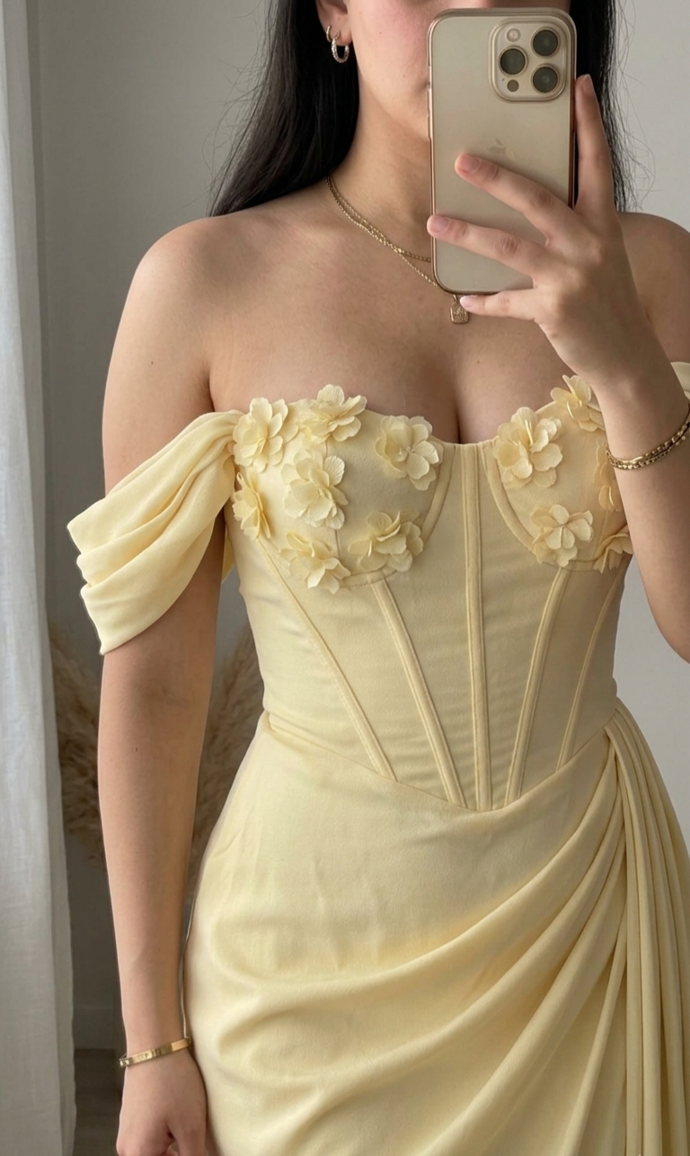 Vestido Amarillo Pastel Corset Floral Off-Shoulder