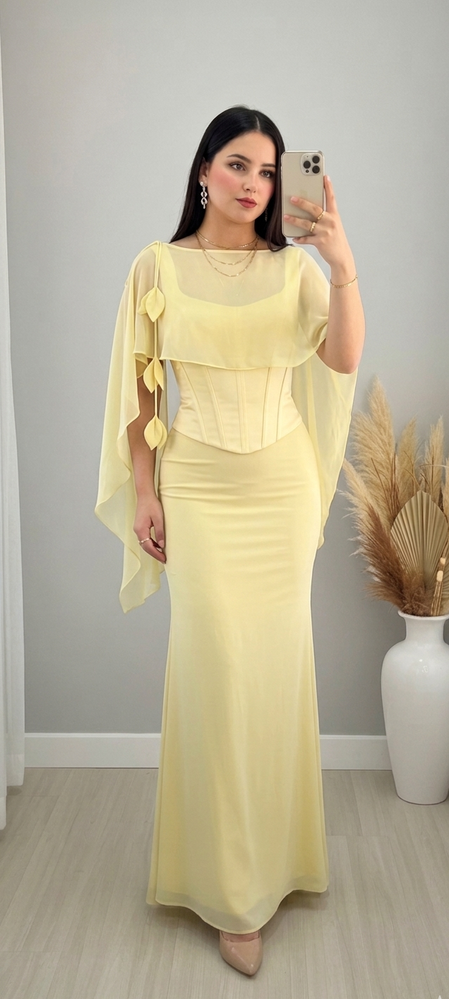 Conjunto Amarillo Limón Corset Estructurado Cape Gasa Hojas D cod.571