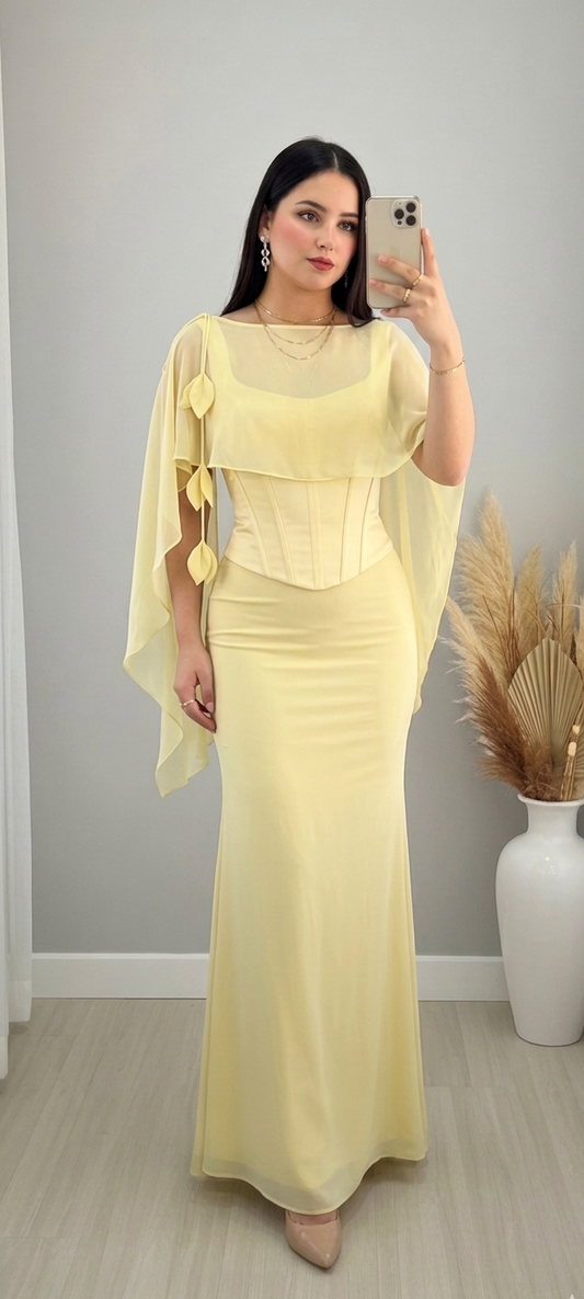 Conjunto Amarillo Limón Corset Estructurado Cape Gasa Hojas D cod.571