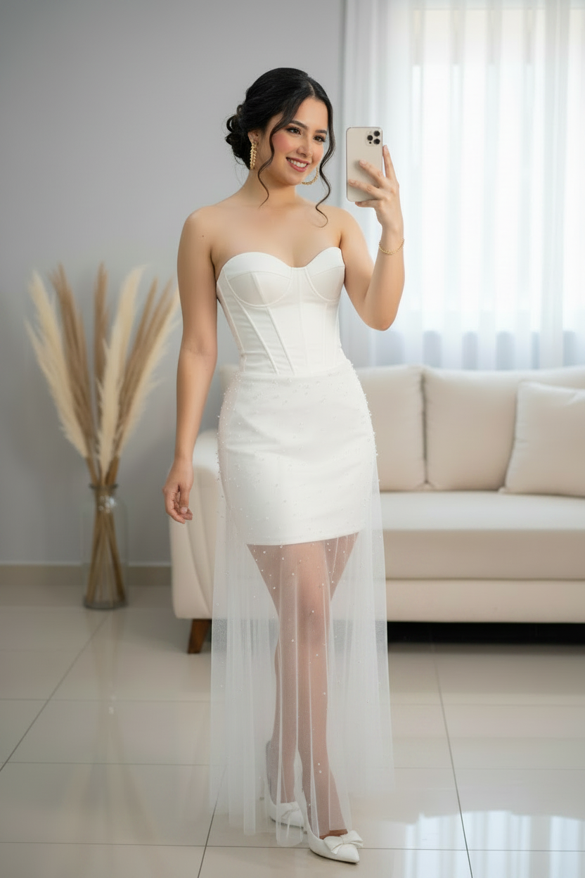Vestido Blanco Strapless Corset Mini con Tul Perlas cod.V591