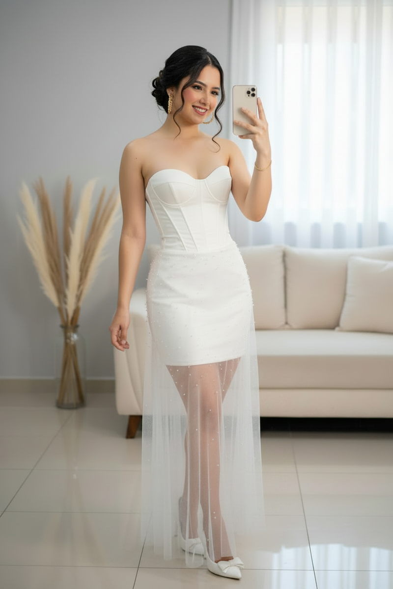 Vestido Blanco Strapless Corset Mini con Tul Perlas cod.V591