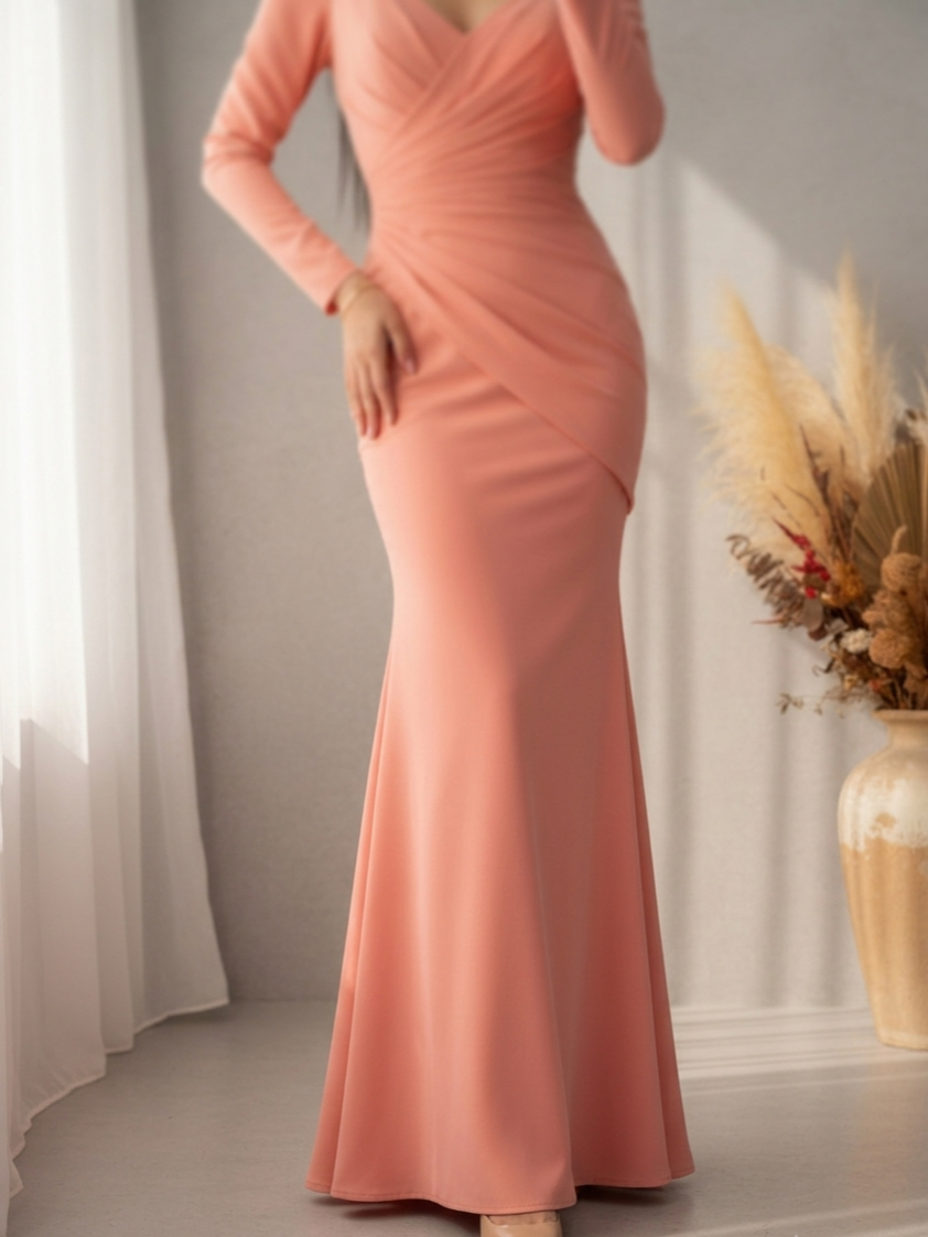 Vestido Salmón Sirena Manga Larga Escote V Drapeado Cod.V568
