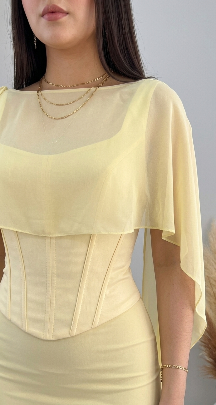 Conjunto Amarillo Limón Corset Estructurado Cape Gasa Hojas D cod.571