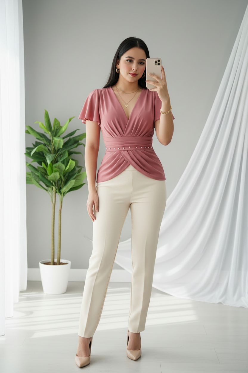 Pantalón Recto Crema de Tiro Alto cod.P607