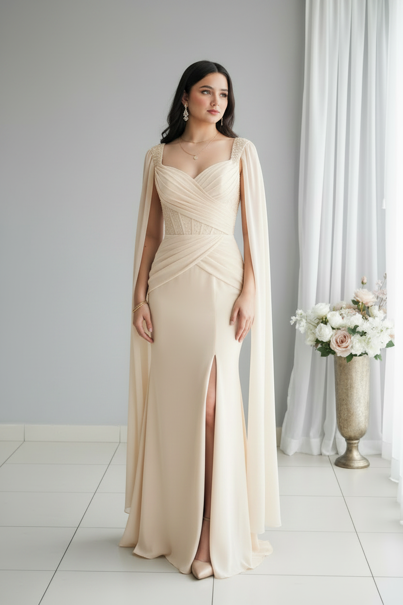 Vestido Champagne Corset Perlas Cape Sleeves cod.V556