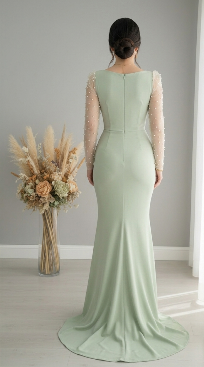 Vestido Verde Sage Sirena Escote V Manga Tul Perlas Cola cod.V570