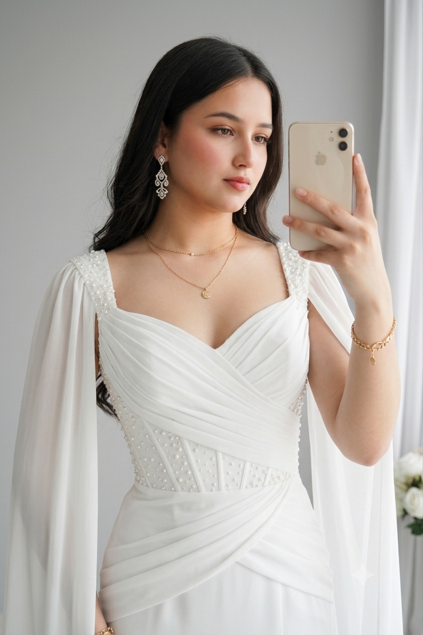 Vestido Blanco Sirena Corset Perlas Cape Manga Abertura cod.V564