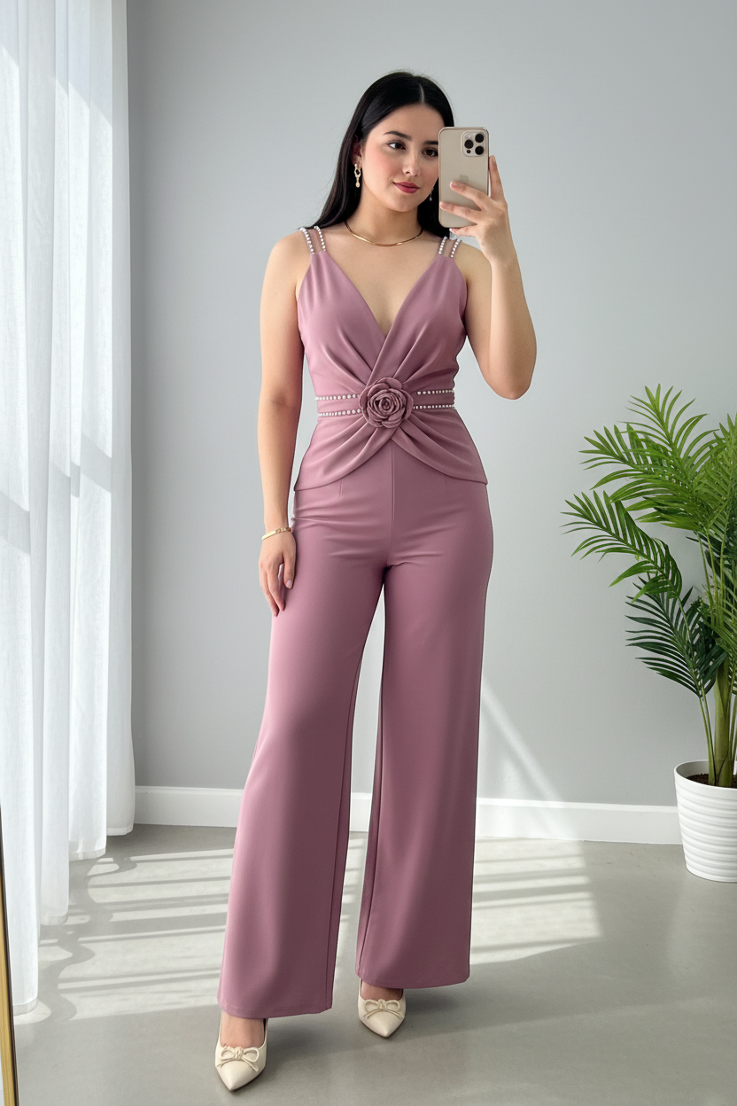 Enterizo Rosa Palo — Escote V con Tirantes de Perlas y Rosa D cod.E625