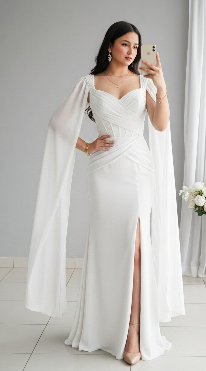 Vestido Blanco Sirena Corset Perlas Cape Manga Abertura cod.V564