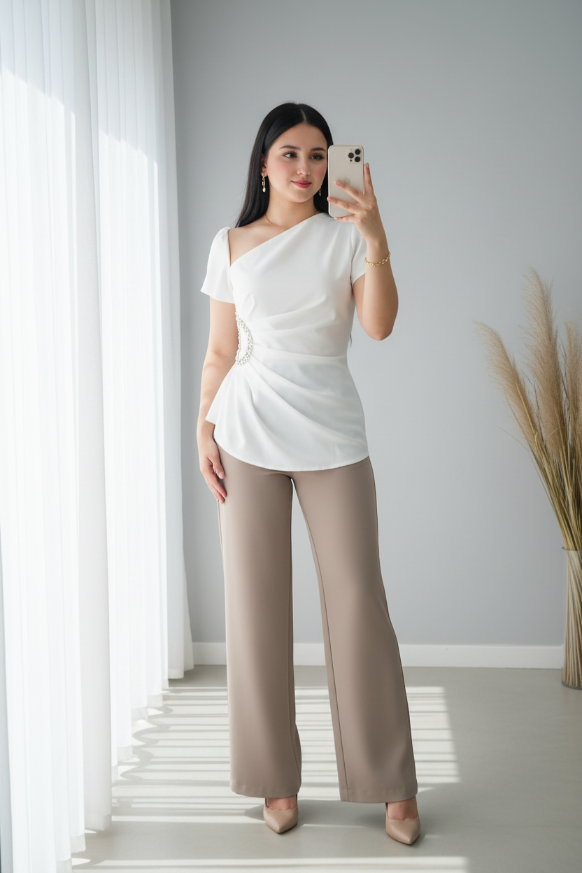 Conjunto Blanco Asimétrica Perlas + Palazzo Beige Tiro Alto cod.C594