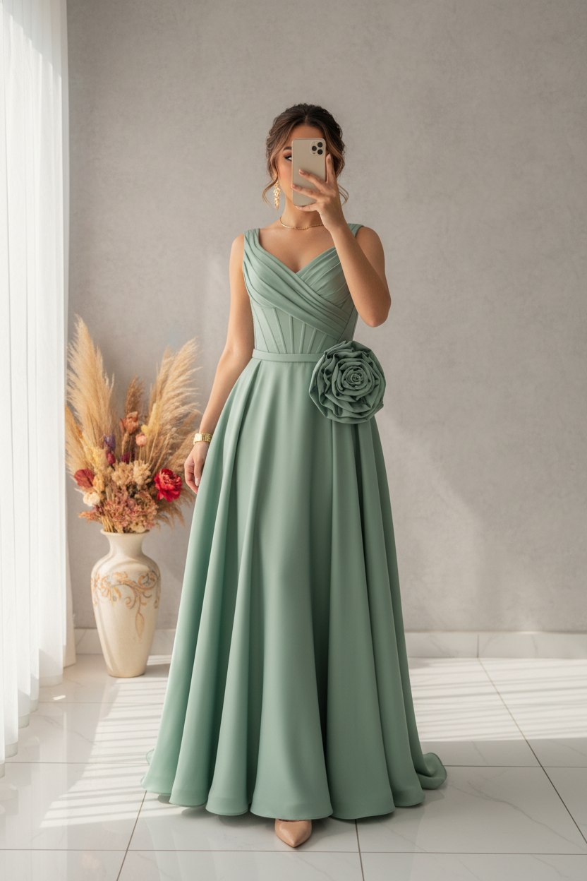 Vestido Verde Sage Gala Escote V Plisado Rosa 3D Falda A-line cod.V588