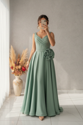 Vestido Verde Sage Gala Escote V Plisado Rosa 3D Falda A-line cod.V588