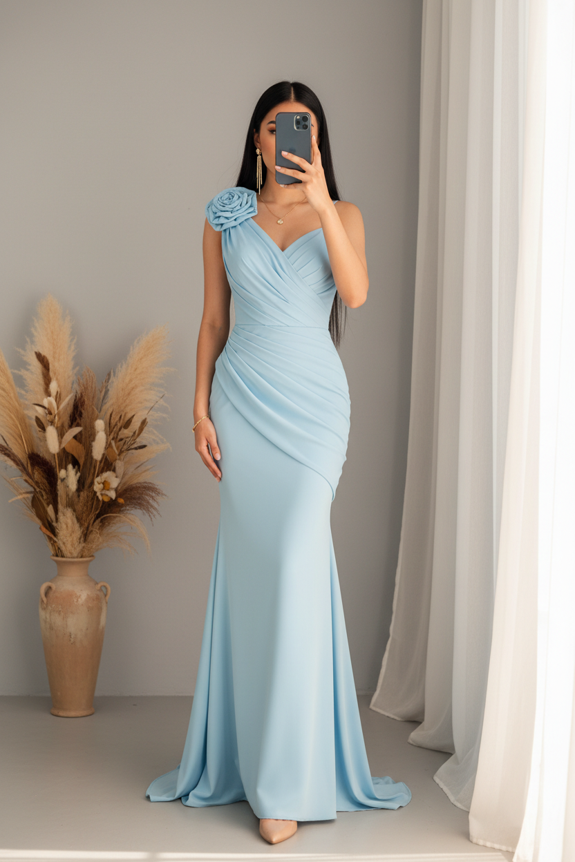 Vestido Azul Cielo Sirena Escote V Rosa 3D Hombro cod.V567