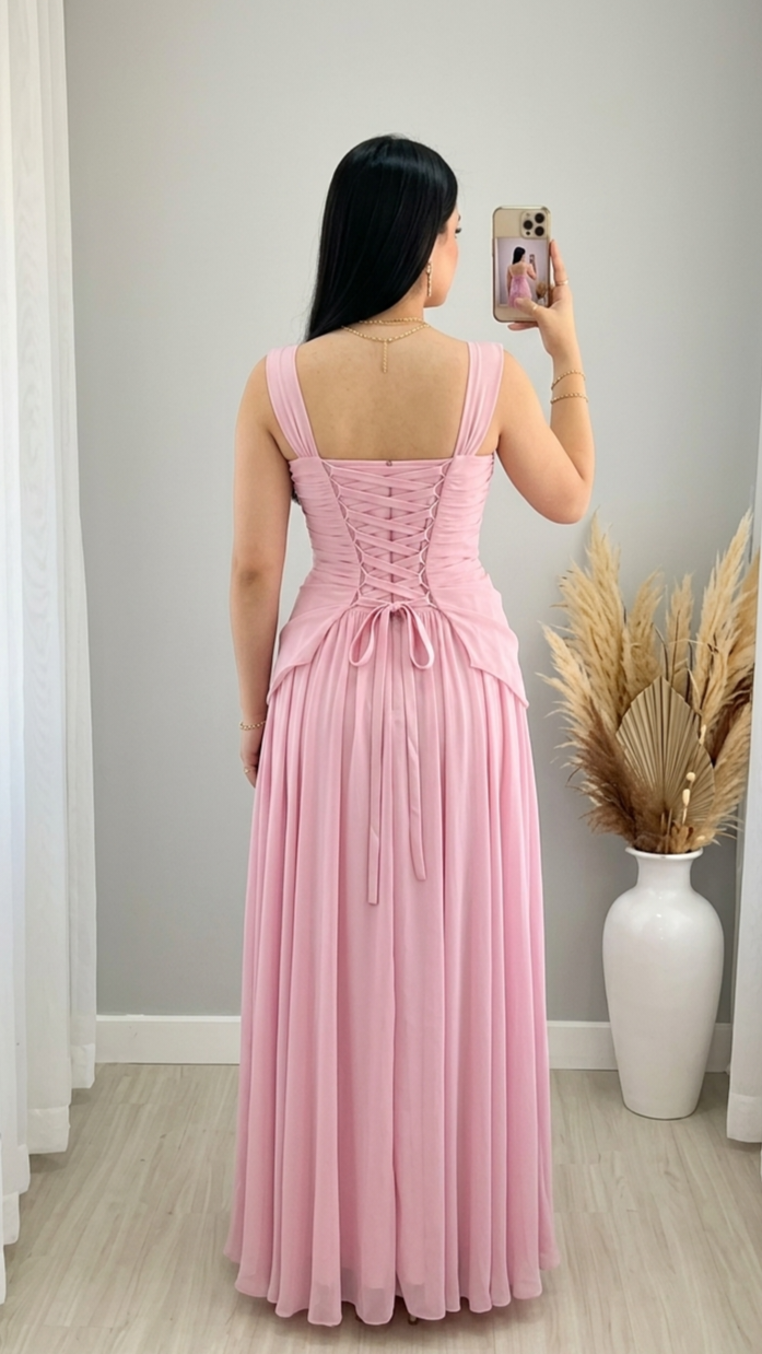 Vestido Rosa Palo Corset Drapeado Falda Plisada cod.V560