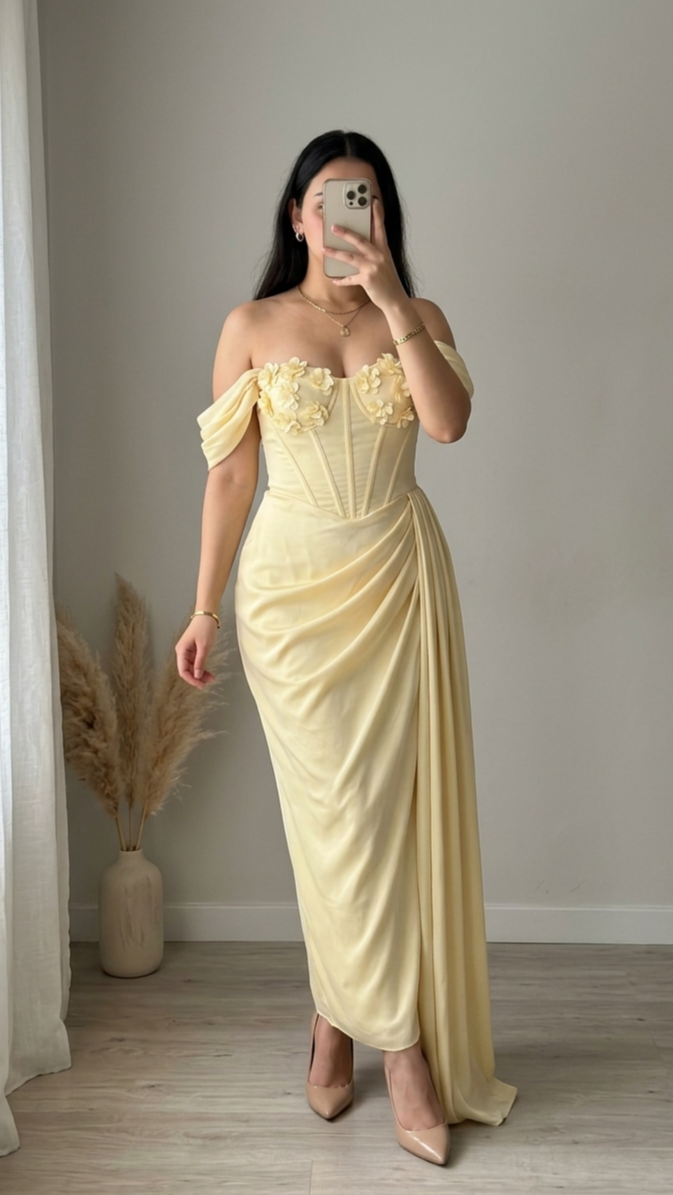 Vestido Amarillo Pastel Corset Floral Off-Shoulder