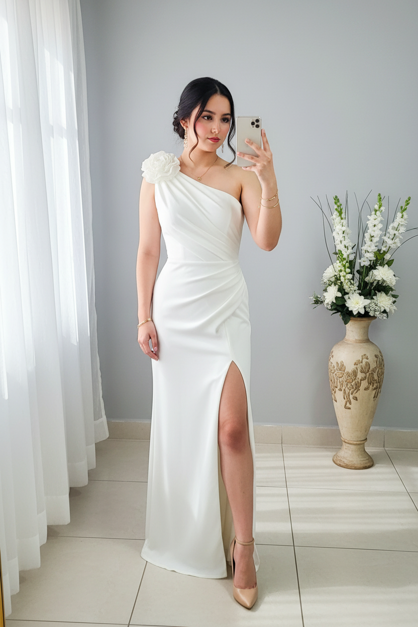 Vestido Blanco One-Shoulder Rosa 3D Sirena Slit cod.V586