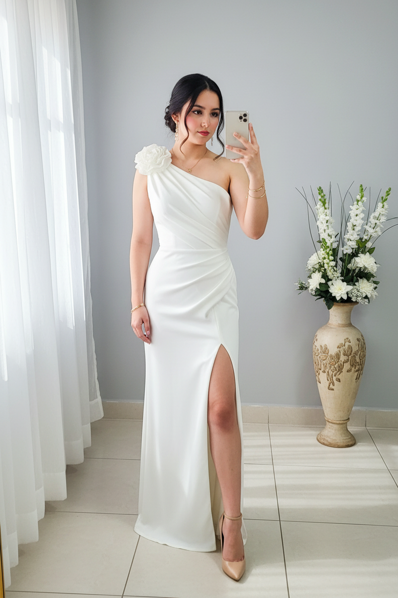 Vestido Blanco One-Shoulder Rosa 3D Sirena Slit cod.V586