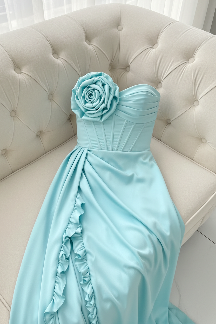 Close up vestido azul celeste sofá sin modelo