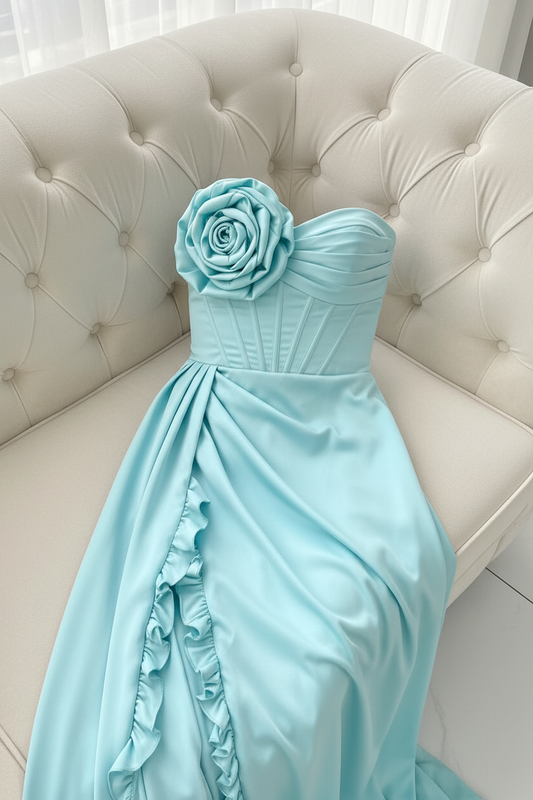 Close up vestido azul celeste sofá sin modelo