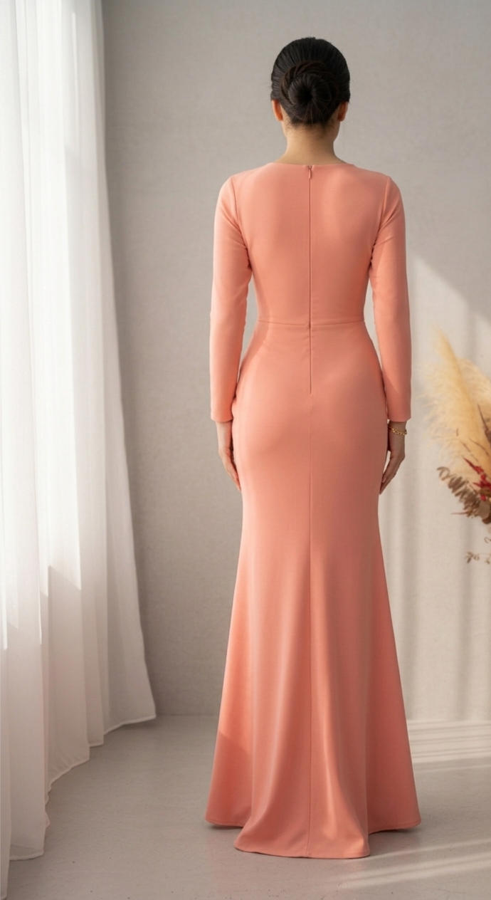 Vestido Salmón Sirena Manga Larga Escote V Drapeado Cod.V568