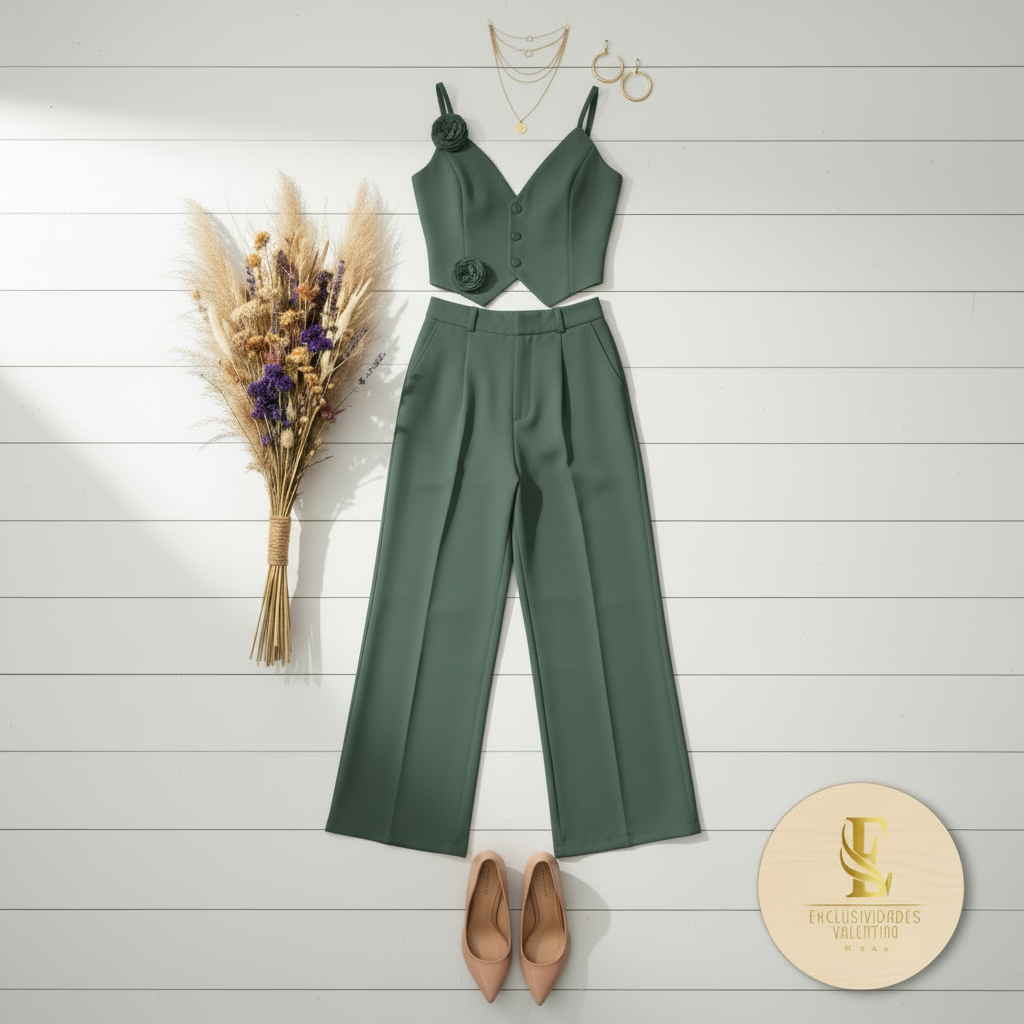 Conjunto verde salvia oscuro flat lay