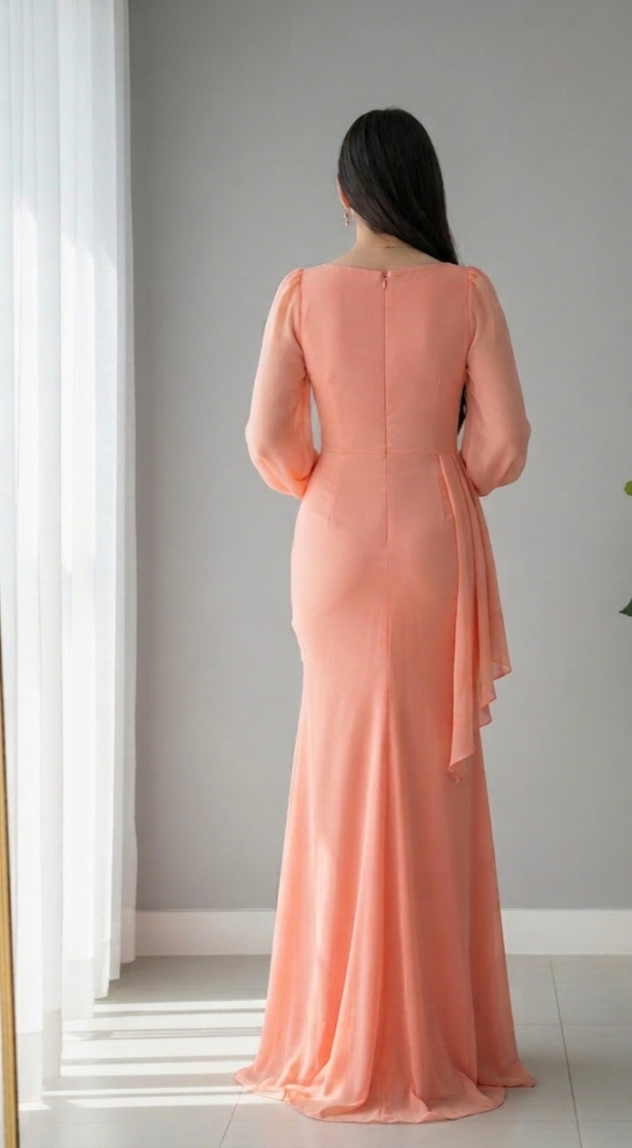 Vestido Durazno Gasa Manga Globo Escote V Rosa 3D Abertura cod.V573