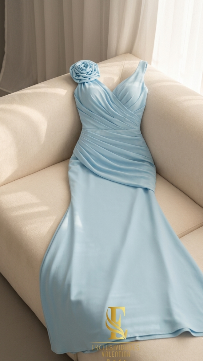 Vestido Azul Cielo Sirena Escote V Rosa 3D Hombro cod.V567