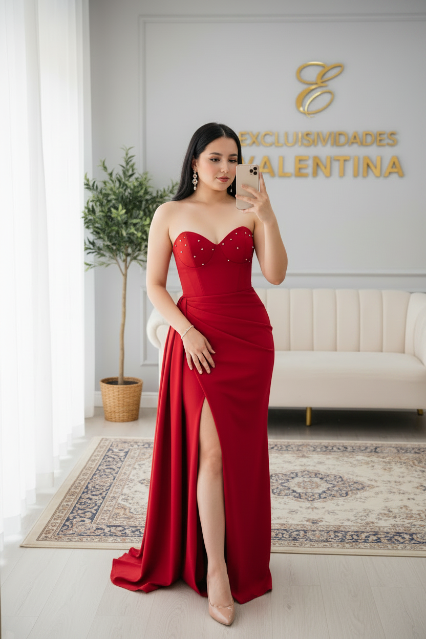 Vestido Rojo Strapless Corazón Perlas Drapeado Slit Gala cod.V587