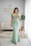 Vestido Verde Menta — Corset Tul con Perlas, Mangas Globo y Drapeado Sirena cod.V632
