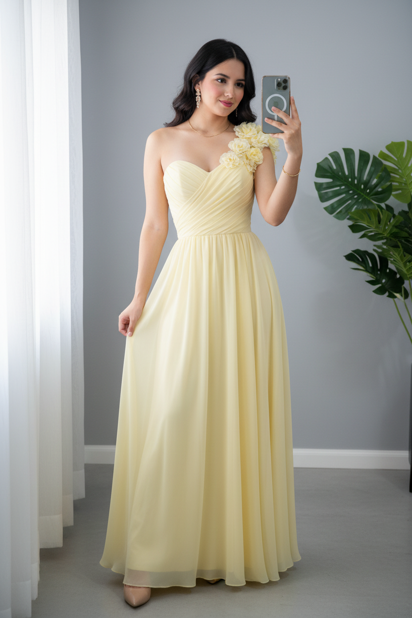 Vestido Amarillo Pastel Un Hombro con Flores 3D y Falda Chiffon Línea A cod.V611