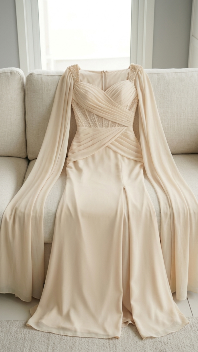 Vestido Champagne Corset Perlas Cape Sleeves cod.V556